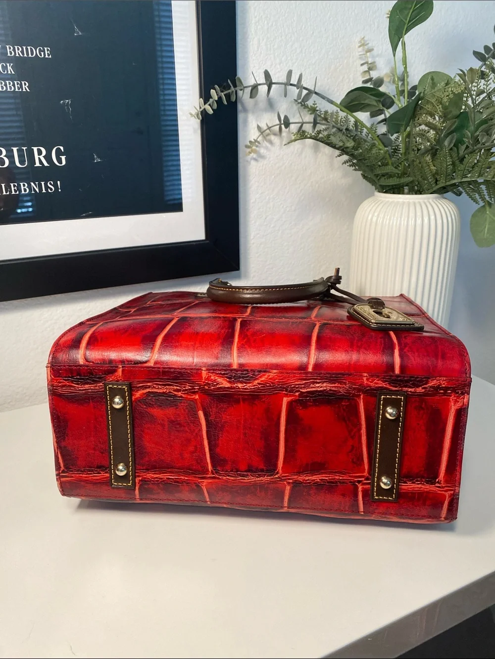 Dooney & Bourke Red Croc-Embossed Leather Satchel with Brown Trim